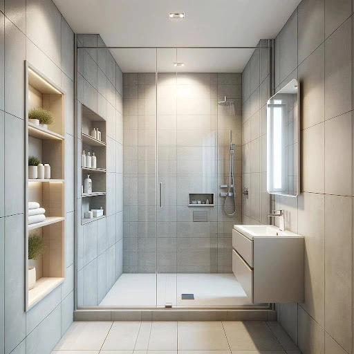 Small condo bathroom design with glass shower and smart storage to make space feel bigger by Cabinquartz Oakville