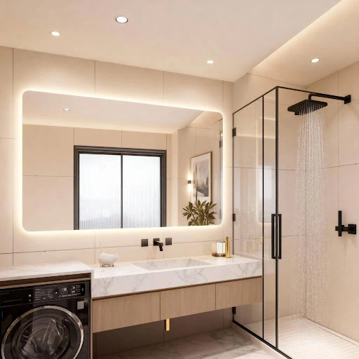 Modern condo bathroom layout with glass shower and vanity showing smart space planning by Cabinquartz Oakville